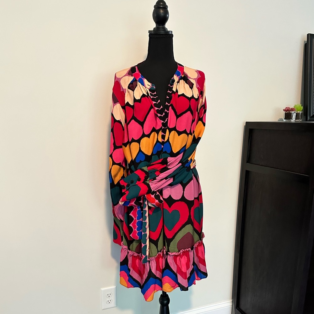 Farm Rio colorful hearts mini dress with ruffle trim and tie waist